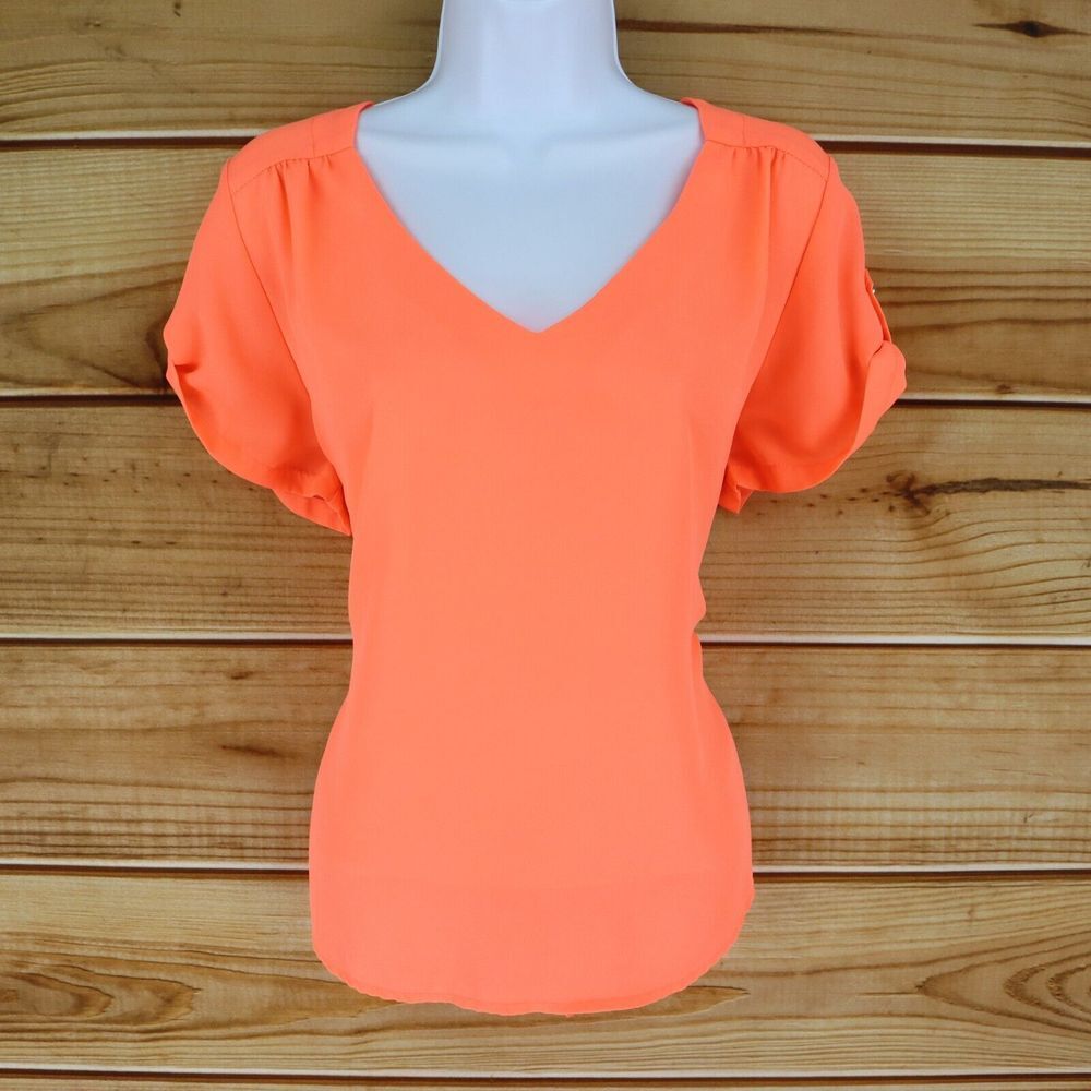 V-Neck Blouse Womens L Orange‎ Sheer Poly Short Sleeve Button Strap Lily Star